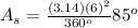 A_s=\frac{(3.14)(6)^{2}}{360^o}{85^o}