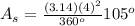 A_s=\frac{(3.14)(4)^{2}}{360^o}{105^o}
