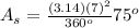 A_s=\frac{(3.14)(7)^{2}}{360^o}{75^o}