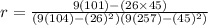 r =\frac{9(101)-(26 \times 45)}{(9 (104) -(26)^2)(9(257) -(45)^2)}