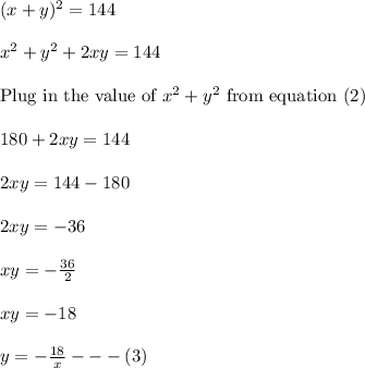 (x+y)^2=144\\\\x^2+y^2+2xy=144\\\\\textrm{Plug in the value of }x^2+y^2\textrm{ from equation (2)}\\\\180+2xy=144\\\\2xy=144-180\\\\2xy=-36\\\\xy=-\frac{36}{2}\\\\xy=-18\\\\y=-\frac{18}{x}---(3)