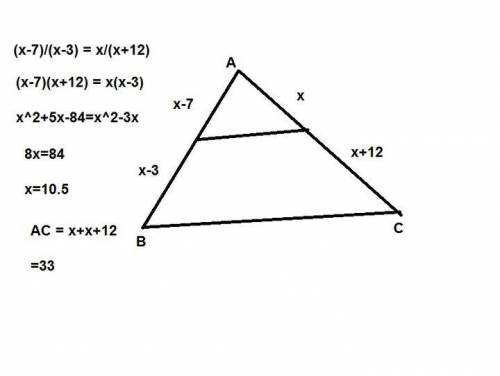 Aline parallel to a triangle's side splits  ab  into lengths of x - 7 and x - 3. the other