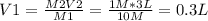 V1 = \frac{M2V2}{M1} = \frac{1M*3L}{10M} = 0.3 L