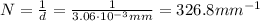 N=\frac{1}{d}=\frac{1}{3.06\cdot 10^{-3}mm}=326.8 mm^{-1}