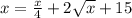 x=\frac{x}{4}+2\sqrt{x}+15