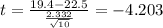 t=\frac{19.4-22.5}{\frac{2.332}{\sqrt{10}}}=-4.203