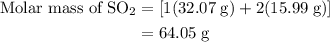 \begin{aligned}\text{Molar mass of}\;\text{SO}_2&=[1(32.07\;\text{g})+2(15.99\;\text{g})]\\&=64.05\;\text{g\mol}\end{aligned}