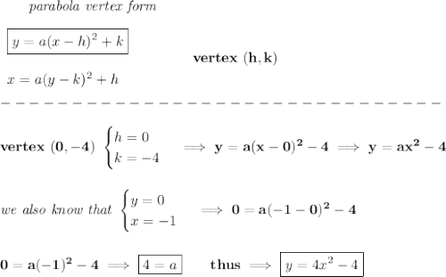 \bf \qquad \textit{parabola vertex form}\\\\&#10;\begin{array}{llll}&#10;\boxed{y=a(x-{{ h}})^2+{{ k}}}\\\\&#10;x=a(y-{{ k}})^2+{{ h}}&#10;\end{array} \qquad\qquad  vertex\ ({{ h}},{{ k}})\\\\&#10;-------------------------------\\\\&#10;vertex\ (0,-4)\  &#10;\begin{cases}&#10;h=0\\&#10;k=-4&#10;\end{cases}\implies y=a(x-0)^2-4\implies y=ax^2-4&#10;\\\\\\&#10;\textit{we also know that }&#10;\begin{cases}&#10;y=0\\&#10;x=-1&#10;\end{cases}\implies 0=a(-1-0)^2-4&#10;\\\\\\&#10;0=a(-1)^2-4\implies \boxed{4=a}\qquad thus\implies \boxed{y=4x^2-4}
