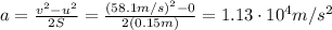 a=\frac{v^2-u^2}{2S}=\frac{(58.1 m/s)^2-0}{2 (0.15 m)}=1.13 \cdot 10^4 m/s^2
