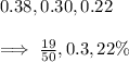 0.38,0.30,0.22\\\\\implies \frac{19}{50},0.3,22\%
