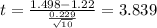 t=\frac{1.498-1.22}{\frac{0.229}{\sqrt{10}}}=3.839