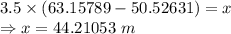 3.5\times (63.15789-50.52631)=x\\\Rightarrow x=44.21053\ m