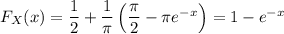F_X(x)=\dfrac12+\dfrac1\pi\left(\dfrac\pi2-\pi e^{-x}\right)=1-e^{-x}