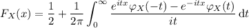 F_X(x)=\displaystyle\frac12+\frac1{2\pi}\int_0^\infty\frac{e^{itx}\varphi_X(-t)-e^{-itx}\varphi_X(t)}{it}\,\mathrm dt