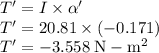 T'= I \times \alpha'\\T'= 20.81 \times (-0.171)\\T'=-3.558 \;\rm N-m^{2}
