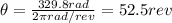 \theta=\frac{329.8 rad}{2\pi rad/rev}=52.5 rev