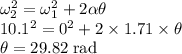\omega^{2}_{2}=\omega^{2}_{1}+2 \alpha \theta\\10.1^{2}=0^{2}+2  \times 1.71 \times \theta\\\theta = 29.82 \;\rm rad