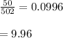 \frac{50}{502} =0.0996\\\\=9.96%\\=10%