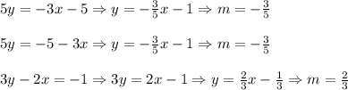 5y=-3x-5 \Rightarrow y=- \frac{3}{5} x-1 \Rightarrow m=- \frac{3}{5}&#10;\\&#10;\\5y=-5-3x \Rightarrow y=- \frac{3}{5} x-1 \Rightarrow m=- \frac{3}{5}&#10;\\&#10;\\3y-2x =-1 \Rightarrow 3y=2x-1 \Rightarrow y= \frac{2}{3} x- \frac{1}{3}  \Rightarrow m= \frac{2}{3}