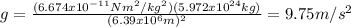 g=\frac{(6.674x10^{-11}Nm^2/kg^2)(5.972x10^{24} kg)}{(6.39x10^{6}m)^2} =9.75m/s^2