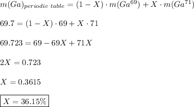 m(Ga)_{periodic~table}=(1-X)\cdot m(Ga^{69})+X\cdot m(Ga^{71})\\\\69.7=(1-X)\cdot69+X\cdot71\\\\ 69.723=69-69X+71X\\\\ 2X=0.723\\\\ X=0.3615\\\\ \boxed{X=36.15\%}