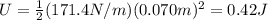 U=\frac{1}{2}(171.4 N/m)(0.070 m)^2=0.42 J