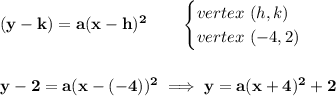 \bf (y-k)=a(x-h)^2\qquad &#10;\begin{cases}&#10;vertex\ (h,k)\\&#10;vertex\ (-4,2)&#10;\end{cases}\\\\\\ y-2=a(x-(-4))^2&#10;\implies&#10;y=a(x+4)^2+2