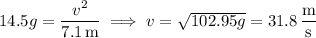14.5g=\dfrac{v^2}{7.1\,\rm m}\implies v=\sqrt{102.95g}=31.8\,\dfrac{\rm m}{\rm s}