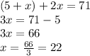 (5+x)+2x=71\\3x=71-5\\3x=66\\x=\frac{66}{3}=22
