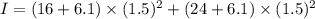 I=(16+6.1)\times(1.5)^2+(24+6.1)\times(1.5)^2