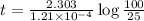 t=\frac{2.303}{1.21\times 10^{-4}}\log\frac{100}{25}