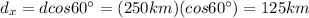 d_x = d cos 60^{\circ}=(250 km) (cos 60^{\circ})=125 km