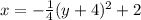 x=-\frac{1}{4}(y+4)^2+2