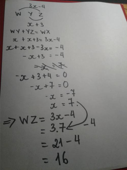 If y is the midpoint of segement wz, yz = x + 3, and wz = 3x-4, determine the length of segment wz