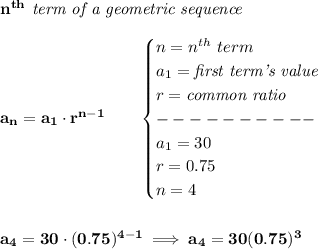 \bf n^{th}\textit{ term of a geometric sequence}\\\\&#10;a_n=a_1\cdot r^{n-1}\qquad &#10;\begin{cases}&#10;n=n^{th}\ term\\&#10;a_1=\textit{first term's value}\\&#10;r=\textit{common ratio}\\&#10;----------\\&#10;a_1=30\\&#10;r=0.75\\&#10;n=4&#10;\end{cases}&#10;\\\\\\&#10;a_4=30\cdot (0.75)^{4-1}\implies a_4=30(0.75)^3