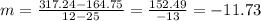 m = \frac{317.24 - 164.75}{12-25} =\frac{152.49}{-13} = -11.73