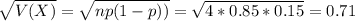 \sqrt{V(X)} = \sqrt{np(1-p))} = \sqrt{4*0.85*0.15} = 0.71