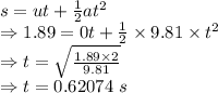 s=ut+\frac{1}{2}at^2\\\Rightarrow 1.89=0t+\frac{1}{2}\times 9.81\times t^2\\\Rightarrow t=\sqrt{\frac{1.89\times 2}{9.81}}\\\Rightarrow t=0.62074\ s