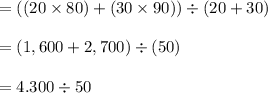 = ((20 \times 80) + (30 \times 90)) \div (20 + 30)\\\\= (1,600 + 2,700) \div (50)\\\\= 4.300 \div 50