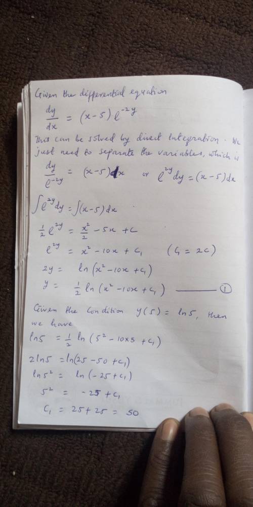 Find the particular solution of the differential equation dydx=(x−5)e−2y dydx=(x−5)e−2y satisfying t