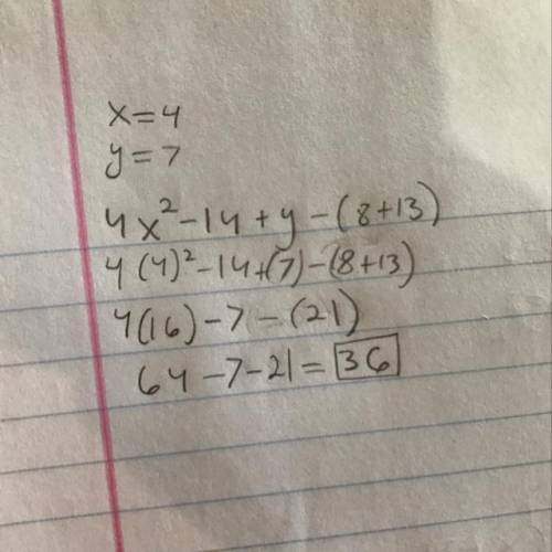 4x2 - 14 + y - (8 + 13)what is the value of the expression when x = 4 and y = 7? oa. 67ob. 9oc. 41od