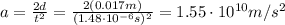 a=\frac{2d}{t^2}=\frac{2(0.017 m)}{(1.48 \cdot 10^{-6} s)^2}=1.55 \cdot 10^{10} m/s^2