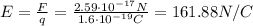 E=\frac{F}{q}=\frac{2.59 \cdot 10^{-17} N}{1.6 \cdot 10^{-19} C}=161.88 N/C