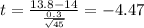 t=\frac{13.8-14}{\frac{0.3}{\sqrt{45}}}=-4.47