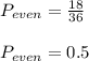 P_{even} = \frac{18}{36}\\\\P_{even} = 0.5
