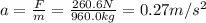 a=\frac{F}{m}=\frac{260.6 N}{960.0 kg}=0.27 m/s^2
