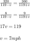 \frac{320}{119-v}=\frac{360}{119+v}\\\\\frac{8}{119-v}=\frac{9}{119+v}\\\\17v=119\\\\v=7mph