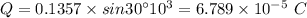 Q = {0.1357\times sin30^{\circ}}{10^{3}} = 6.789\times 10^{- 5}\ C