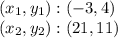 (x_ {1}, y_ {1}): (- 3,4)\\(x_ {2}, y_ {2}) :( 21,11)