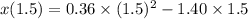 x(1.5)=0.36\times(1.5)^2-1.40\times1.5